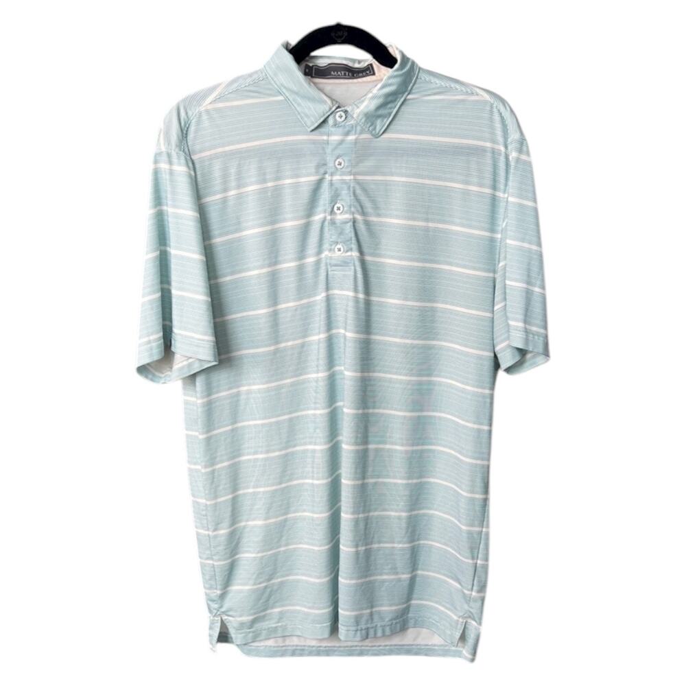 Matte Grey Polo Shirt Light Teal Blue White Striped Golf - M